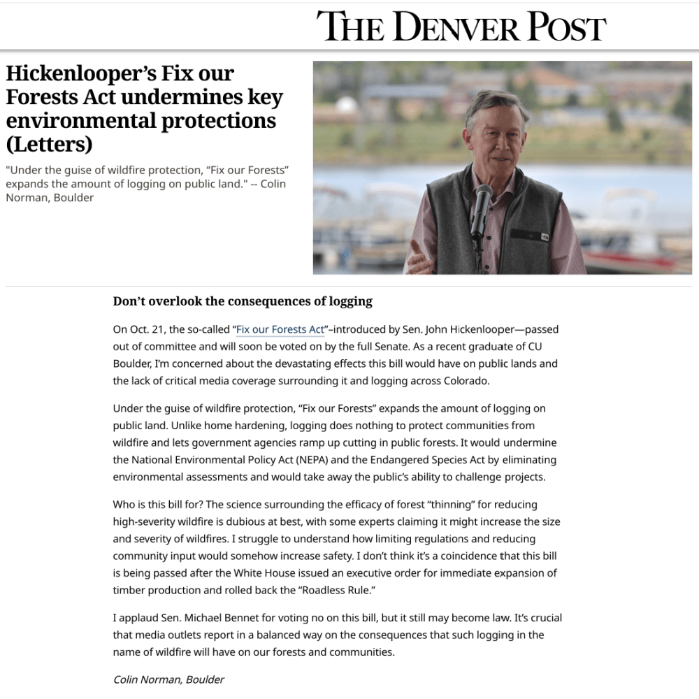 Letter: “Hickenlooper’s ‘Fix our Forests’ Act undermines key environmental protections”